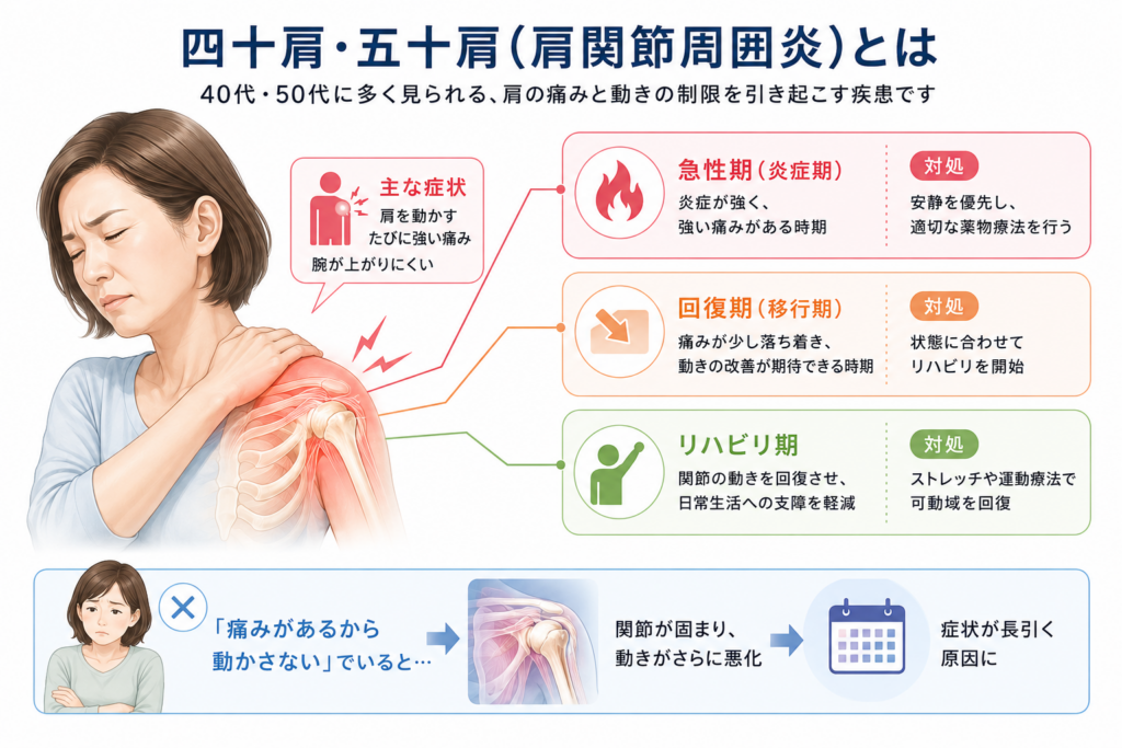 四十肩・五十肩(肩関節周囲炎)の解説図。主な症状と、急性期・回復期・リハビリ期それぞれの対処法