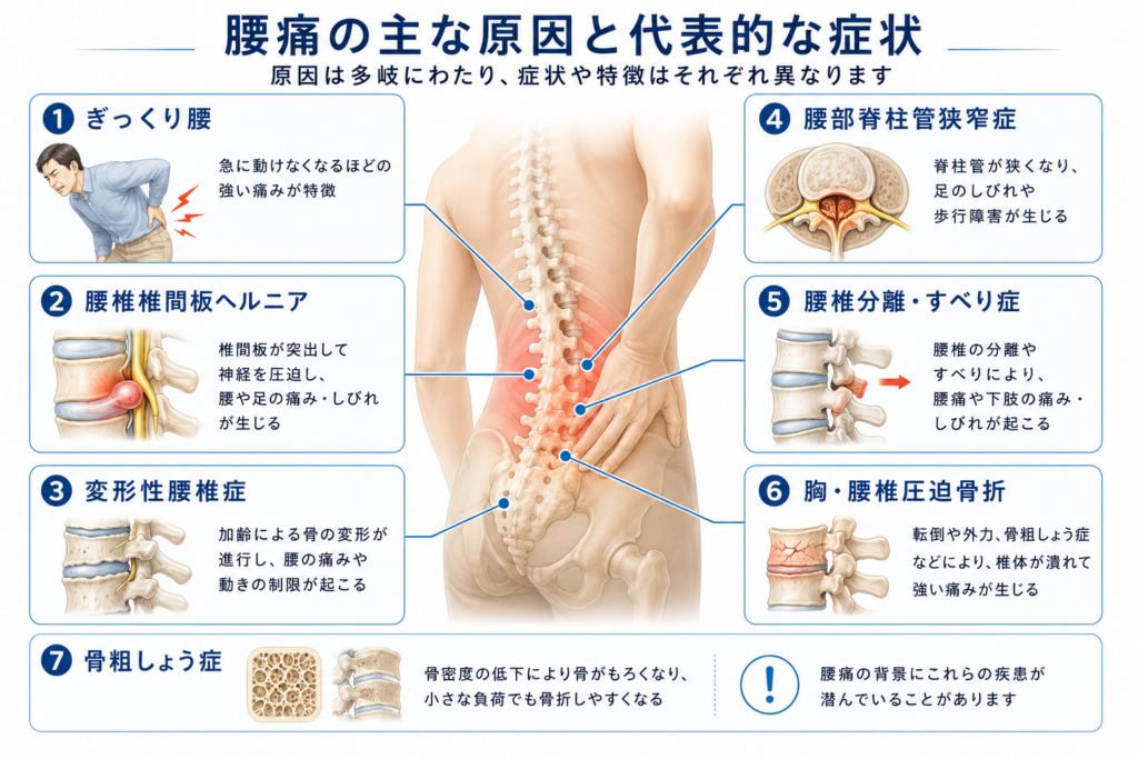 腰痛の主な原因と代表的な症状の解説図。ぎっくり腰・腰椎椎間板ヘルニア・変形性腰椎症・腰部脊柱管狭窄症・腰椎分離すべり症・胸腰椎圧迫骨折・骨粗しょう症