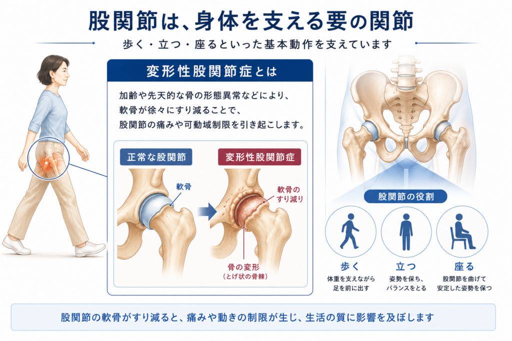 変形性股関節症の解説図。正常な股関節との比較と、歩く・立つ・座るを支える股関節の役割