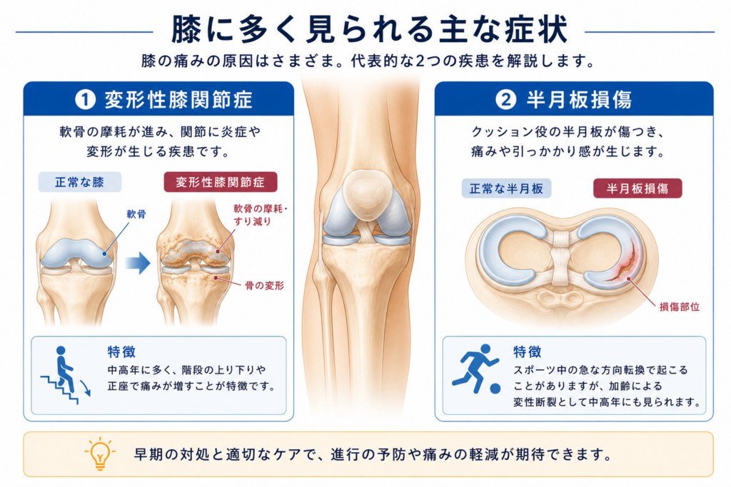 膝に多く見られる主な症状の解説図。変形性膝関節症と半月板損傷を正常な膝と比較