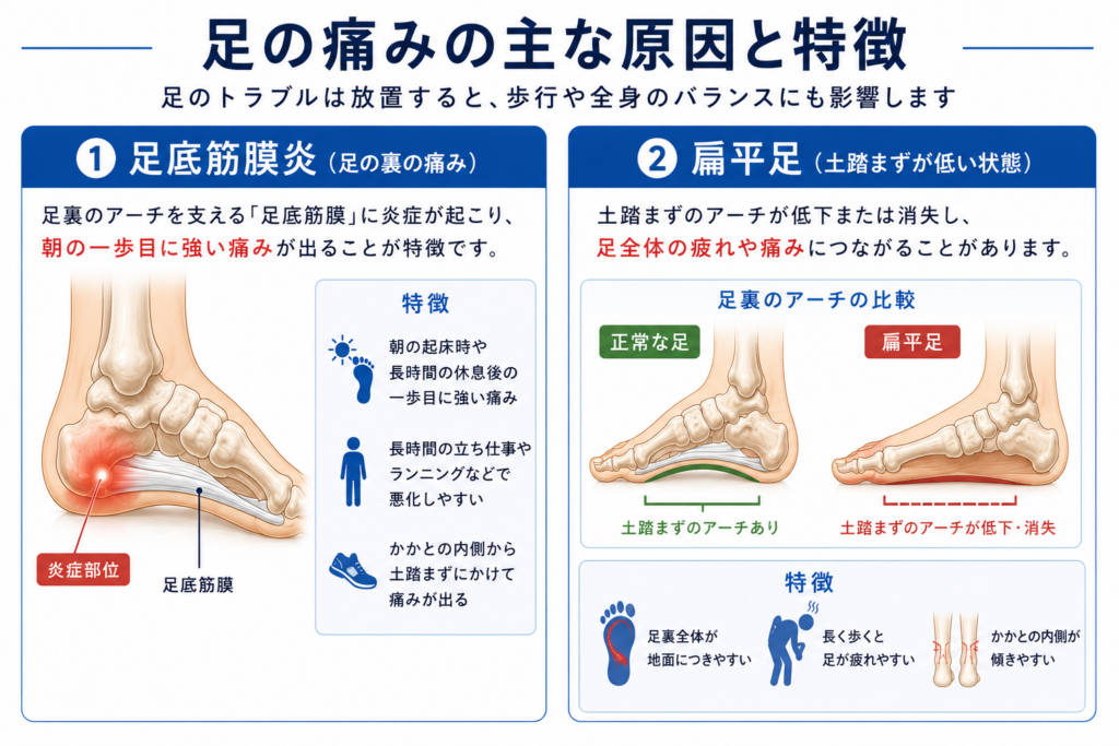 足の痛みの主な原因と特徴の解説図。足底筋膜炎と扁平足における足のアーチの比較